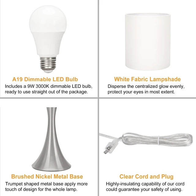 Alt view image 7 of 7 - Touch Control Table Lamp, 3-Way Dimmable Desk Lamp, Bedside Reading Light Small Lamp with White Shade and Silver Base, Nightstand Lamp for Living Room, Bedroom, Dorm, Office, 3000K LED Bulb Included