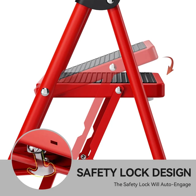 Alt view image 4 of 7 - Step Ladder, Folding Ladder with Non-Slip and Wide Pedal, Small Ladder with Handle, Heavy Duty Steel Stool, Lightweight Step Ladder (Red, 3 Step Stool)