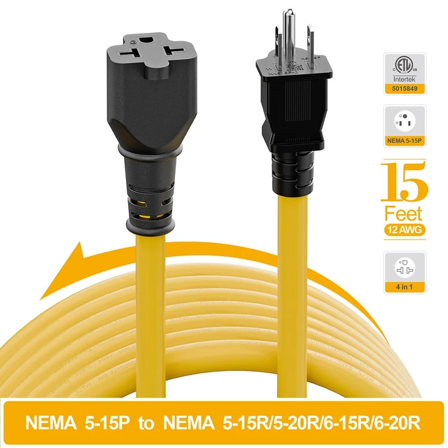 Alt view image 5 of 7 - 15FT NEMA 5-15P to 5-15R/ 5-20R/ 6-15R/ 6-20R AC Adapter 12AWG 15 Amp Household AC Plug to 20 Amp T Blade Adapter Cable, 15A 125V to 20A 250V Extension Cable, 15 FT