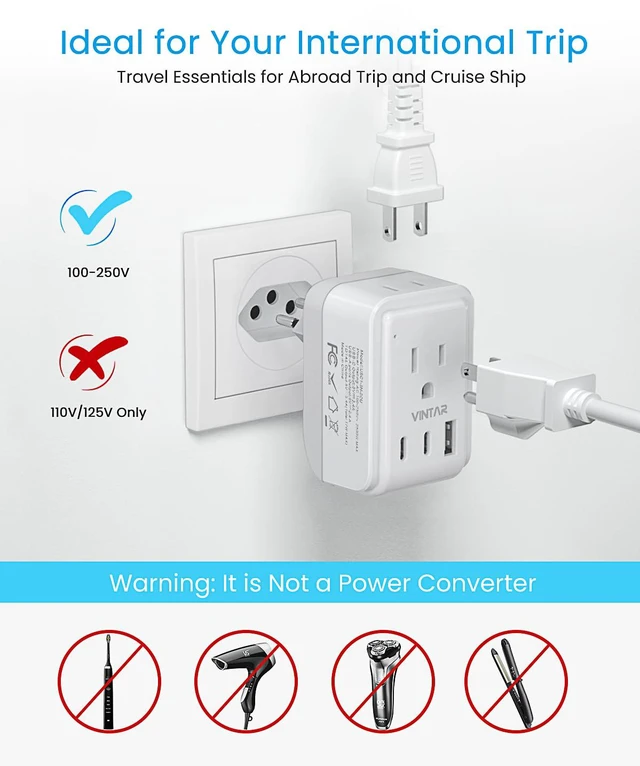 Alt view image 3 of 3 - Brazil Power Adapter 1 Pack, Foldable Type N Plug Adapter 2 AC Outlets 3 USB Ports (2 USB C), Brazil Outlet Plug for US to Brazil Brazilian Brasil