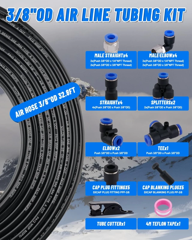 Alt view image 2 of 7 - 3/8" Air Line Tubing Kit, 32.8FT SAE J844 PA Nylon Air Hose Tubing Comes with Cutter and Teflon Tape, 3/8" Air Hose with Push to Connect Fittings for Air Brake System Or Fluid Transfer(35PCS)