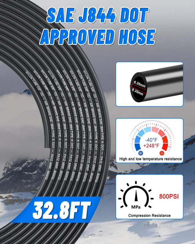 Alt view image 4 of 7 - 3/8" Air Line Tubing Kit, 32.8FT SAE J844 PA Nylon Air Hose Tubing Comes with Cutter and Teflon Tape, 3/8" Air Hose with Push to Connect Fittings for Air Brake System Or Fluid Transfer(35PCS)