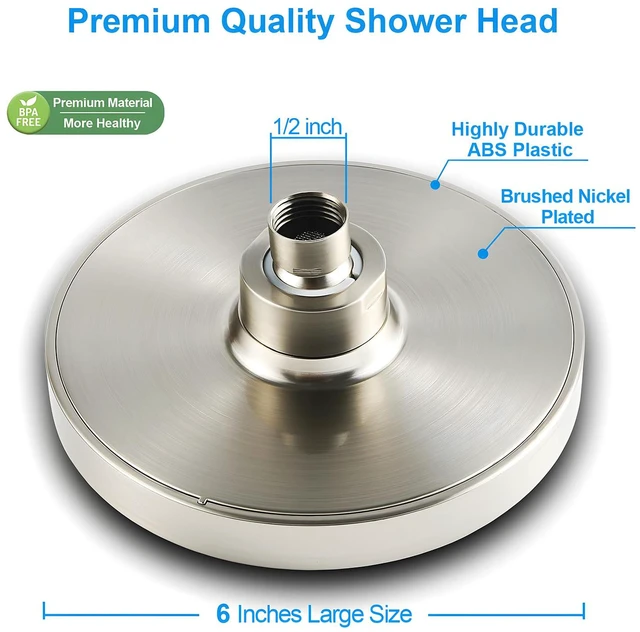 Alt view image 4 of 6 - 6" High Pressure Rain Shower Head, Luxury Brushed Nickel Finish 6 Inch Fixed Bathroom Showerhead, Adjustable Replacement, 90 Anti-Clog Nozzles, Removable Restrictor, Tool-Free Easy Install