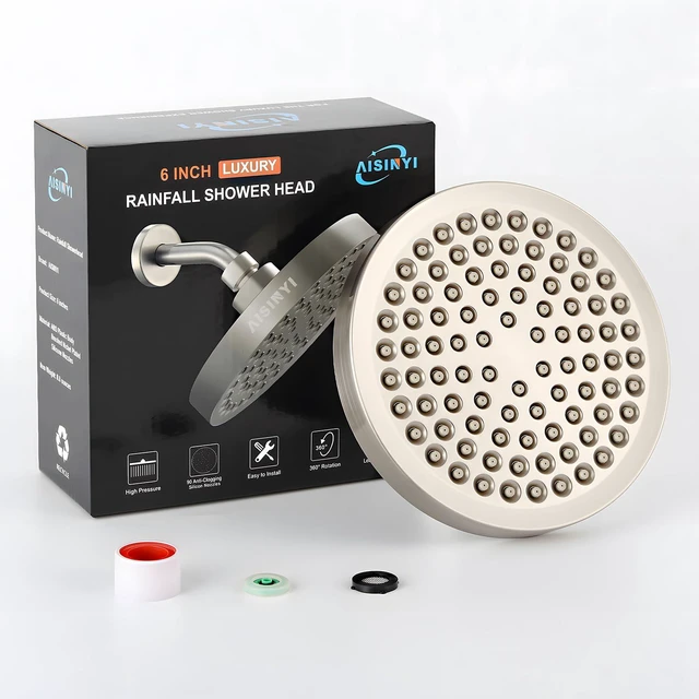 Alt view image 5 of 6 - 6" High Pressure Rain Shower Head, Luxury Brushed Nickel Finish 6 Inch Fixed Bathroom Showerhead, Adjustable Replacement, 90 Anti-Clog Nozzles, Removable Restrictor, Tool-Free Easy Install