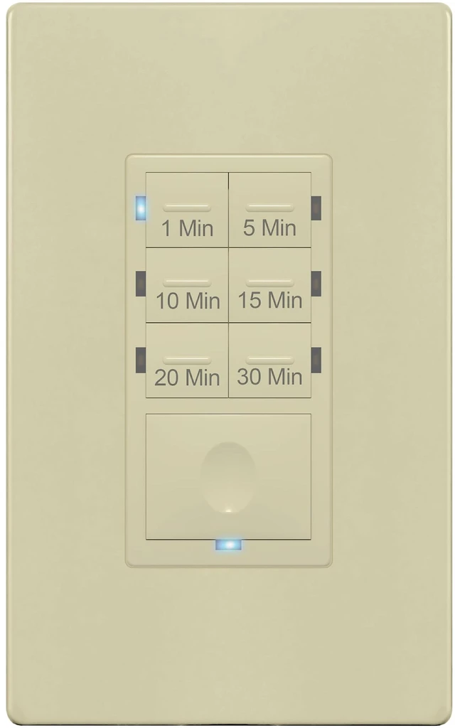 Main image of Countdown Timer Switch for bathroom fans and household lights, 1-5-10-15-20-30 Min Settings with Manual Override, Always On Blue LED, Neutral Wire Required, UL Listed, HET06A-R-I, Ivory