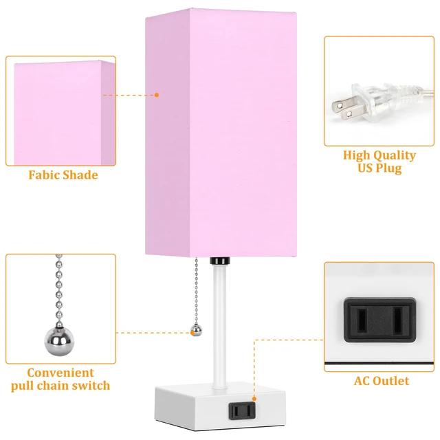 Alt view image 3 of 7 - 15'' Table Lamp for Bedroom set of 2,3-Color Bedside Lamps with Pull Chain Table Lamps for Night stands,Small Night Light Lamps with 2 Bulbs Lamps for Living Room Kids Room Office DecorPink+White
