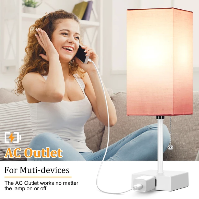 Alt view image 6 of 7 - 15'' Table Lamp for Bedroom set of 2,3-Color Bedside Lamps with Pull Chain Table Lamps for Night stands,Small Night Light Lamps with 2 Bulbs Lamps for Living Room Kids Room Office DecorPink+White