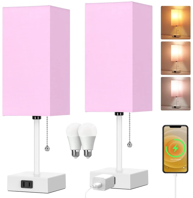 Main image of 15'' Table Lamp for Bedroom set of 2,3-Color Bedside Lamps with Pull Chain Table Lamps for Night stands,Small Night Light Lamps with 2 Bulbs Lamps for Living Room Kids Room Office DecorPink+White
