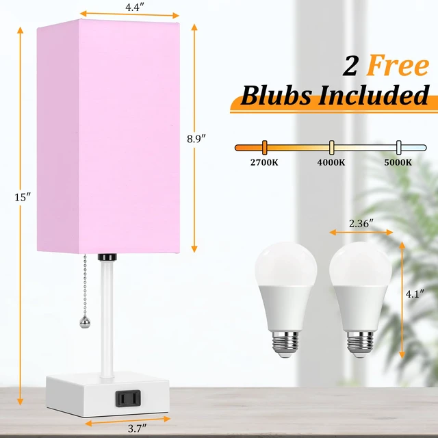 Alt view image 4 of 7 - 15'' Table Lamp for Bedroom set of 2,3-Color Bedside Lamps with Pull Chain Table Lamps for Night stands,Small Night Light Lamps with 2 Bulbs Lamps for Living Room Kids Room Office DecorPink+White