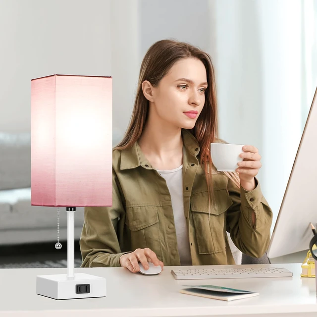 Alt view image 7 of 7 - 15'' Table Lamp for Bedroom set of 2,3-Color Bedside Lamps with Pull Chain Table Lamps for Night stands,Small Night Light Lamps with 2 Bulbs Lamps for Living Room Kids Room Office DecorPink+White