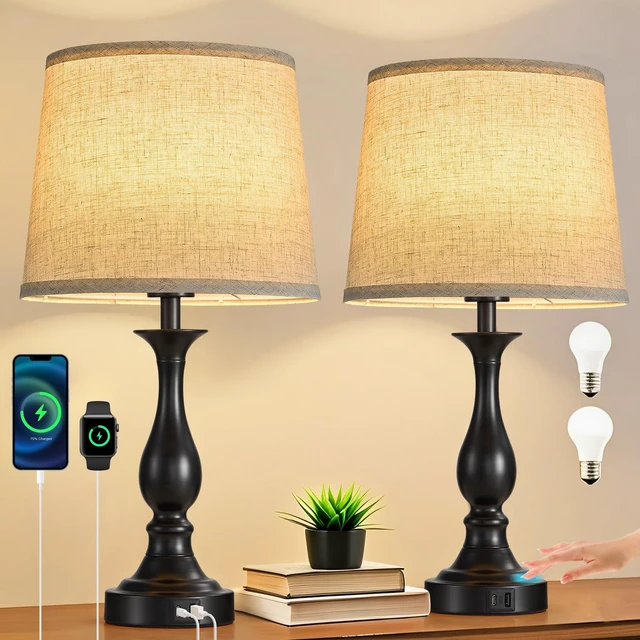 Main image of Bedside Table Lamp Touch Control Bedroom Lamps with USB A + C Charging Port 3 Way Dimmable Touch Lamps for Nightstand Living Room Bedroom Dorm Home Office Reading, Set of 2 (Beige Shade & Black Base)