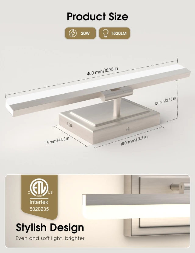 Alt view image 5 of 7 - Modern Bathroom Vanity Light 15.7 inch, Rotatable, 20W Dimmable 5CCT Led Bathroom Light Fixture Over Mirror, Brushed Nickel Bar Vanity Light for Bathrooms Mirror Restroom-ETL Certificated