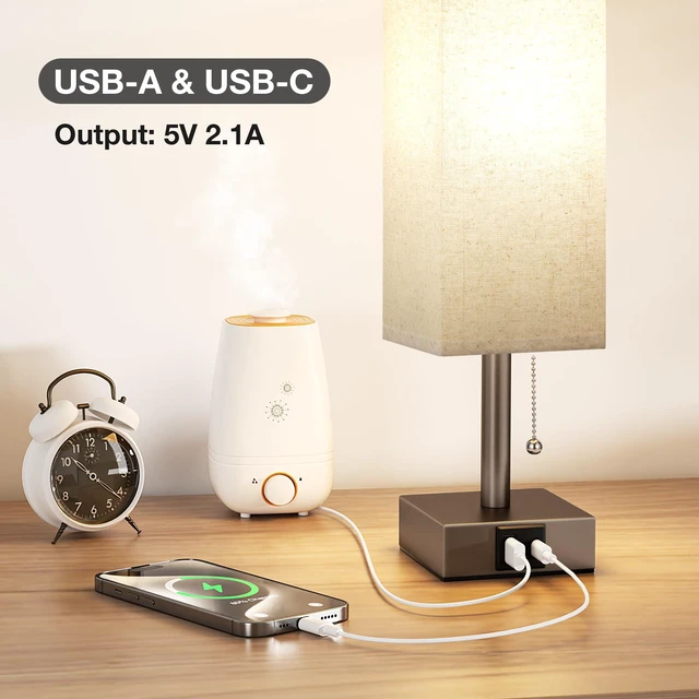 Alt view image 2 of 6 - Brown Bedside Table Lamp for Bedroom - Desk Lamp For Nightstand, USB C+A Pull Chain Lamp, 3 Color Modes(3000K/4000K/5000K), E26 LED Bulb Included, Square Brown Fabric Lampshade, for Read, Work, Dorm