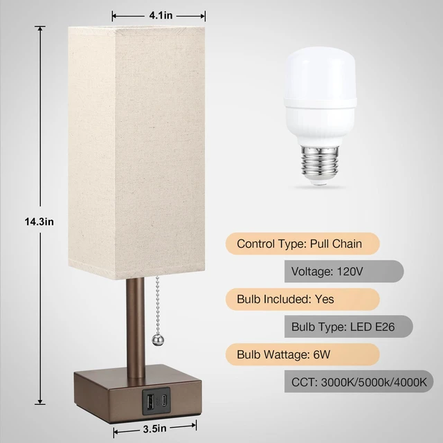 Alt view image 4 of 6 - Brown Bedside Table Lamp for Bedroom - Desk Lamp For Nightstand, USB C+A Pull Chain Lamp, 3 Color Modes(3000K/4000K/5000K), E26 LED Bulb Included, Square Brown Fabric Lampshade, for Read, Work, Dorm