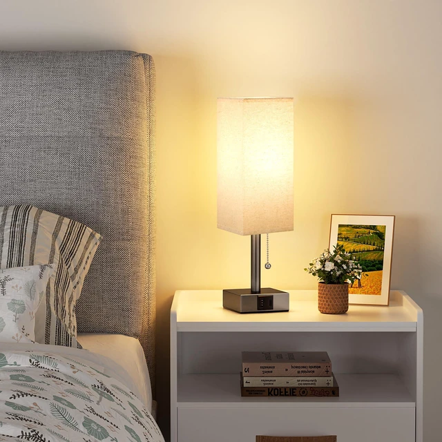 Alt view image 5 of 6 - Brown Bedside Table Lamp for Bedroom - Desk Lamp For Nightstand, USB C+A Pull Chain Lamp, 3 Color Modes(3000K/4000K/5000K), E26 LED Bulb Included, Square Brown Fabric Lampshade, for Read, Work, Dorm
