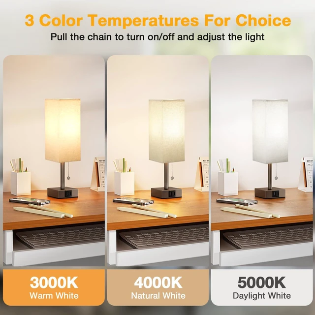 Alt view image 3 of 6 - Brown Bedside Table Lamp for Bedroom - Desk Lamp For Nightstand, USB C+A Pull Chain Lamp, 3 Color Modes(3000K/4000K/5000K), E26 LED Bulb Included, Square Brown Fabric Lampshade, for Read, Work, Dorm