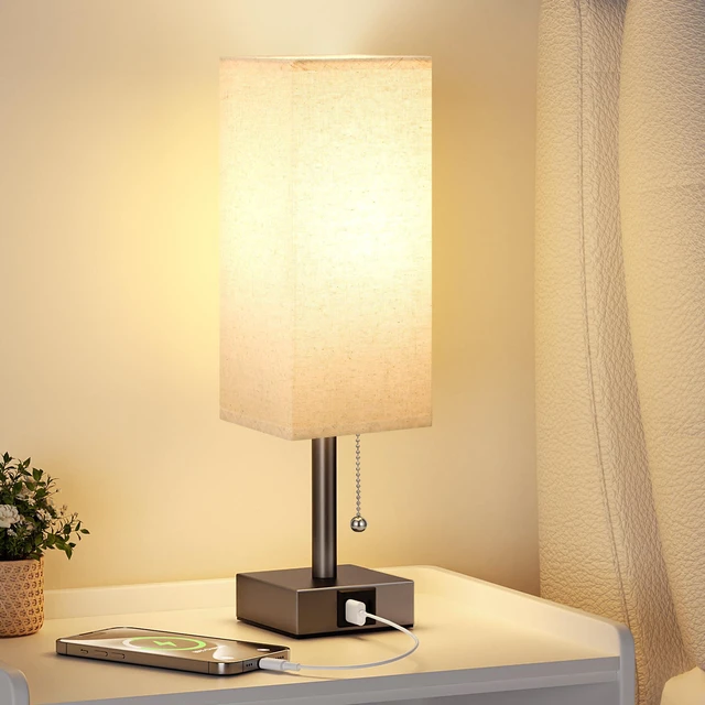 Alt view image 6 of 6 - Brown Bedside Table Lamp for Bedroom - Desk Lamp For Nightstand, USB C+A Pull Chain Lamp, 3 Color Modes(3000K/4000K/5000K), E26 LED Bulb Included, Square Brown Fabric Lampshade, for Read, Work, Dorm