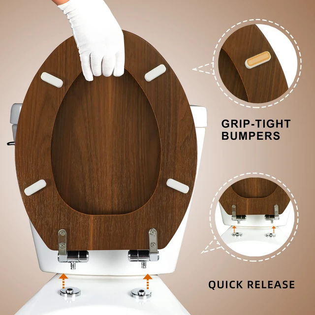Alt view image 4 of 7 - Slow Close Wood Toilet Seat, Quick-Release (Elongated, Walnut) Elongated Toilet Seat with Quietly Close, Easy to Install also Easy to Clean