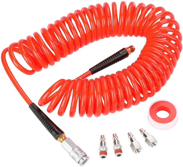 Main image of 1/4 in x 30 ft Polyurethane Recoil Air Compressor Hose with Bend Restrictors Compressor Hose with 1/4" Industrial Universal Quick Coupler and 4PCS I/M Plug Kit, Red