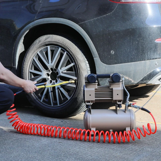 Alt view image 4 of 6 - 1/4 in x 30 ft Polyurethane Recoil Air Compressor Hose with Bend Restrictors Compressor Hose with 1/4" Industrial Universal Quick Coupler and 4PCS I/M Plug Kit, Red