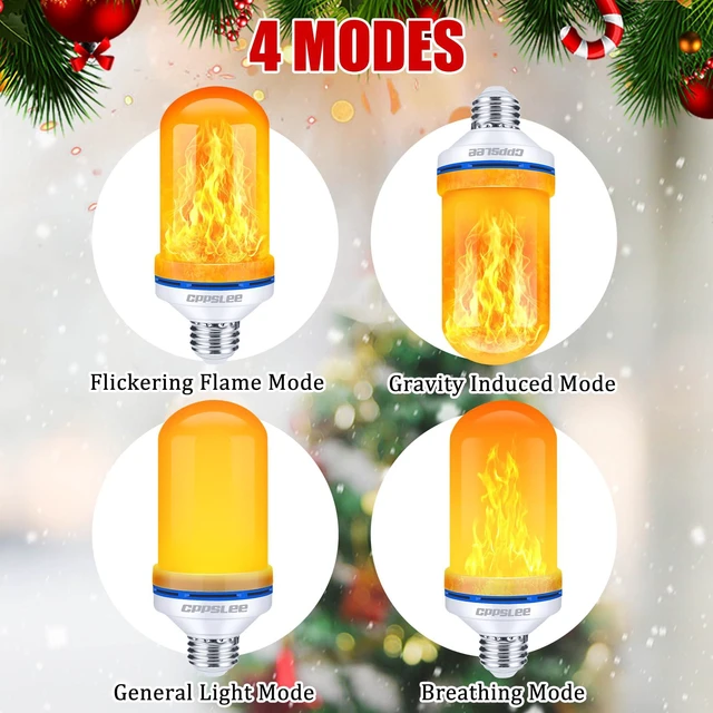 Alt view image 4 of 7 - Upgraded Flame Light Bulbs, 4 Modes Flickering Light Bulbs, E26 Base Fire Flame Bulb for Halloween Decorations Outdoor, Christmas Lights Patio Indoor Home Decor (Yellow, 4 Pack)