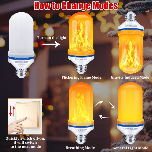 Alt view image 5 of 7 - Upgraded Flame Light Bulbs, 4 Modes Flickering Light Bulbs, E26 Base Fire Flame Bulb for Halloween Decorations Outdoor, Christmas Lights Patio Indoor Home Decor (Yellow, 4 Pack)