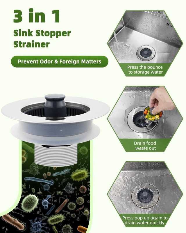 Alt view image 2 of 6 - Universal 2PCS Kitchen Sink Strainer Stopper Combo, 3 in 1 Pop Up Kitchen Sink Stopper with Chrome Stainless Steel Wraped Shell for US Standard 3-1/2 inch Drain Filter, Anti-Clog
