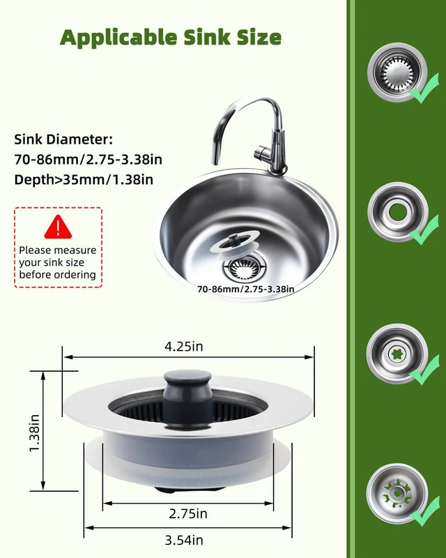 Alt view image 6 of 6 - Universal 2PCS Kitchen Sink Strainer Stopper Combo, 3 in 1 Pop Up Kitchen Sink Stopper with Chrome Stainless Steel Wraped Shell for US Standard 3-1/2 inch Drain Filter, Anti-Clog