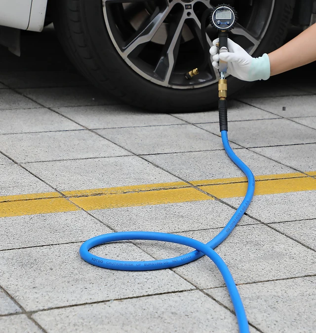 Alt view image 5 of 6 - Air Hose 3/8 in x 50 ft, Heavy Duty Hybrid Air Compressor Hose, Flexible, Lightweight, Kink Resistant with 1/4" Industrial Quick Coupler Fittings, Bend Restrictors, Blue