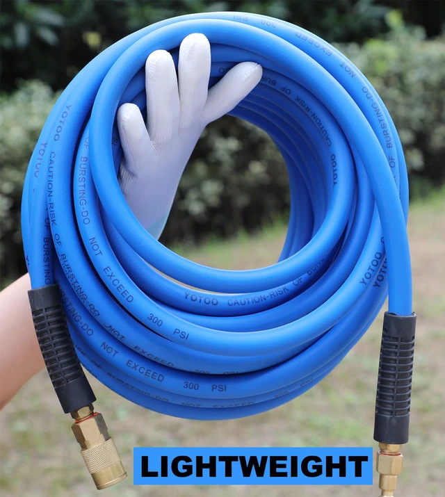 Alt view image 4 of 6 - Air Hose 3/8 in x 50 ft, Heavy Duty Hybrid Air Compressor Hose, Flexible, Lightweight, Kink Resistant with 1/4" Industrial Quick Coupler Fittings, Bend Restrictors, Blue