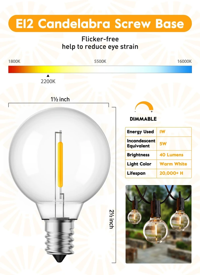 Alt view image 2 of 7 - 10 Pack G40 LED Replacement Bulbs, E12 Base, 2200K, Warm White Shatterproof Plastic LED Light Bulb, Waterproof, Dimmable, 1.5" Edison Light Bulbs for Indoor Outdoor Patio Backyard Decor