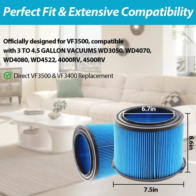 Alt view image 2 of 7 - 4 Pack VF3500 Replacement Filter for Ridgid 3-4.5 Gallon Wet Dry Vacs Compatible with 3-4.5 Gallon Wet Dry Vacuum Cleaner, Fits WD4050, WD3050, WD4080, WD4522, 4000RV, 4500RV, 3-Layer Filter