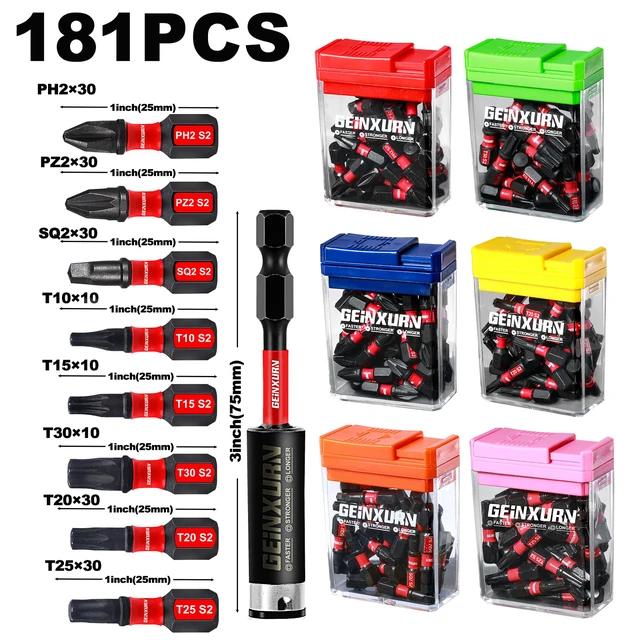 Alt view image 2 of 7 - 181 Pieces Impact Screwdriver Bits Set with Colorful Boxes, 1" Magnetic (PH2,PZ2,SQ2,T10,T15,T20,T25,T30) S2 Steel Multi Driver Bits
