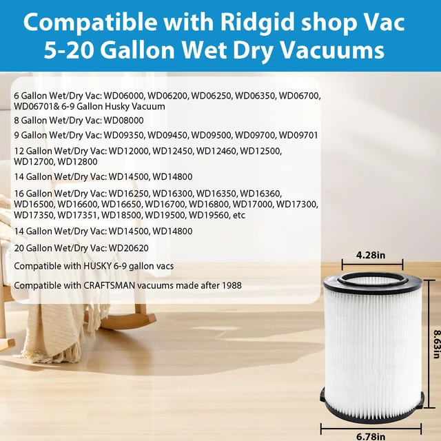 Alt view image 2 of 6 - VF4000 Replacement Filter for Ridgid Shop Vac Filter 72947 Standard Filter, Compatible with Ridgid 5-20 Gallon Wet Dry Vacuums, Husky 6-9 Gallon Vacs & Craftsman Vacs