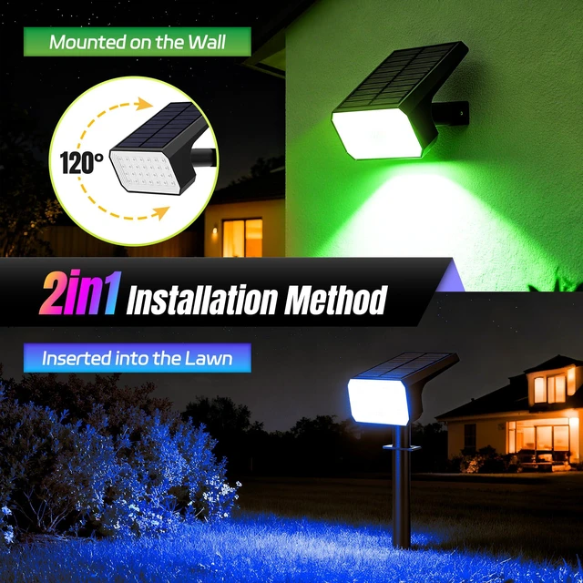 Alt view image 6 of 7 - Color Changing Solar Spot Lights Outdoor Waterproof, 10 Pack, 28 LED RGB IP67, 7 Modes Auto On/Off, Solar Powered Spotlights for Yard Garden Landscape Pathway Walkway Tree Patio Driveway