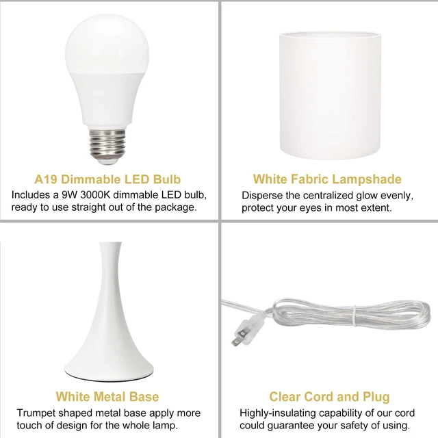 Alt view image 7 of 7 - Modern Table Lamps, 3 Way Touch Control Table Lamp, Dimmable Desk Lamp, White Nightstand Lamp with Fabric Shade, Small Bedside Lamp for Living Room, Dorm,Home Office, LED Bulb Included