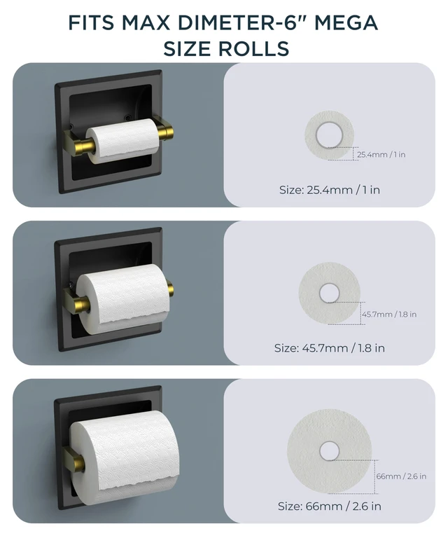 Alt view image 6 of 7 - Recessed Toilet Paper Holder for Mega Rolls, Black and Gold Stainless Steel Tissue Roll Holder Wall Mount for Bathroom Space-Saving Design, in Wall Toilet Paper Dispenser Insert