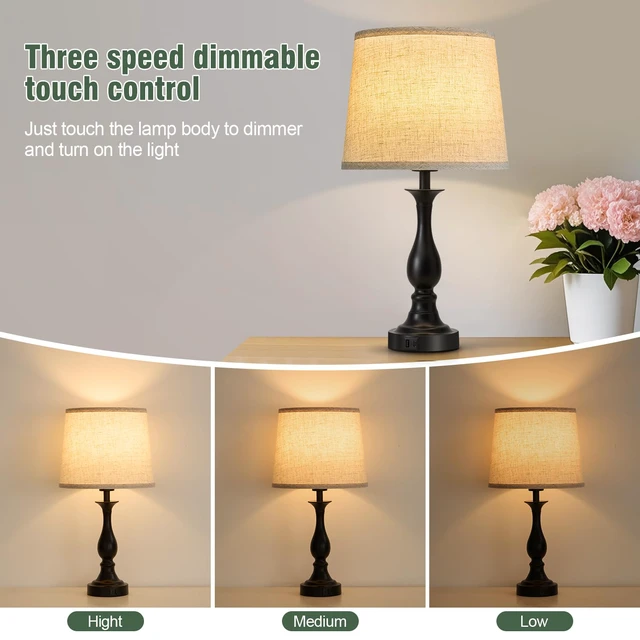 Alt view image 3 of 7 - Bedside Table Lamp Touch Control Bedroom Lamps with USB A + C Charging Port 3 Way Dimmable Touch Lamps for Nightstand Living Room Bedroom Dorm Home Office Reading, Set of 2 (Beige Shade & Black Base)