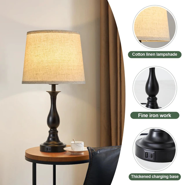 Alt view image 4 of 7 - Bedside Table Lamp Touch Control Bedroom Lamps with USB A + C Charging Port 3 Way Dimmable Touch Lamps for Nightstand Living Room Bedroom Dorm Home Office Reading, Set of 2 (Beige Shade & Black Base)