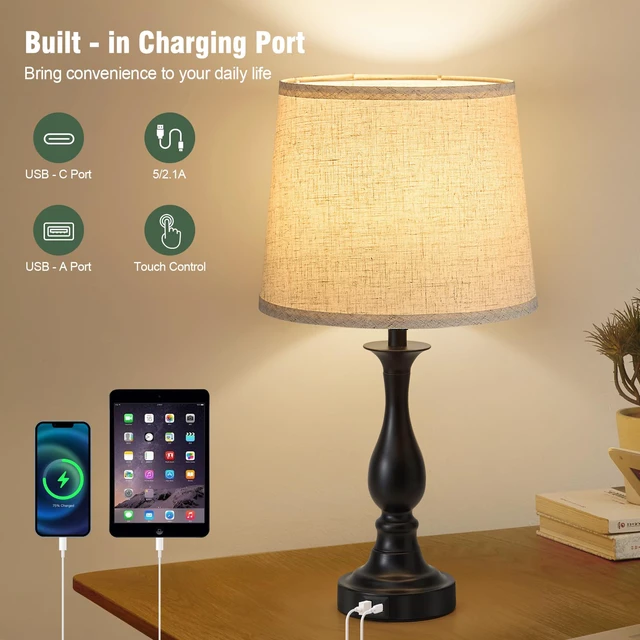 Alt view image 7 of 7 - Bedside Table Lamp Touch Control Bedroom Lamps with USB A + C Charging Port 3 Way Dimmable Touch Lamps for Nightstand Living Room Bedroom Dorm Home Office Reading, Set of 2 (Beige Shade & Black Base)