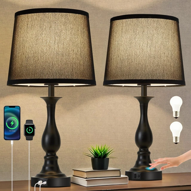 Main image of Bedside Table Lamp Touch Control Bedroom Lamps with USB A + C Charging Port 3 Way Dimmable Touch Lamps for Nightstand Living Room Bedroom Dorm Home Office Reading, Set of 2 (Black Shade & Black Base)