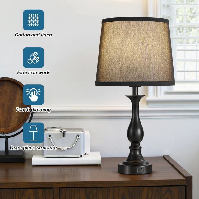 Alt view image 2 of 7 - Bedside Table Lamp Touch Control Bedroom Lamps with USB A + C Charging Port 3 Way Dimmable Touch Lamps for Nightstand Living Room Bedroom Dorm Home Office Reading, Set of 2 (Black Shade & Black Base)