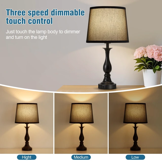 Alt view image 3 of 7 - Bedside Table Lamp Touch Control Bedroom Lamps with USB A + C Charging Port 3 Way Dimmable Touch Lamps for Nightstand Living Room Bedroom Dorm Home Office Reading, Set of 2 (Black Shade & Black Base)