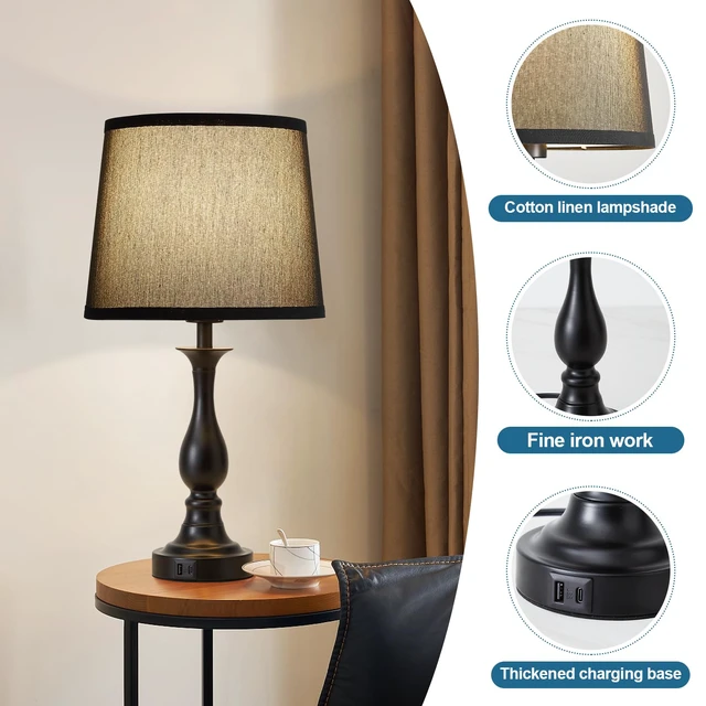 Alt view image 4 of 7 - Bedside Table Lamp Touch Control Bedroom Lamps with USB A + C Charging Port 3 Way Dimmable Touch Lamps for Nightstand Living Room Bedroom Dorm Home Office Reading, Set of 2 (Black Shade & Black Base)