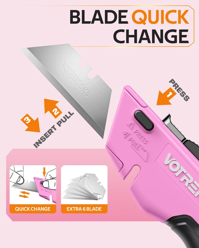 Alt view image 7 of 7 - ® Box Cutter Utility Knife, 2-in-1 Safety Retractable Box Cutter for Women, Quick Change Razor Knife for Home, Office & DIY, Blade Storage Design, with Extra Sharp Razor & Hook Blades (Pink)