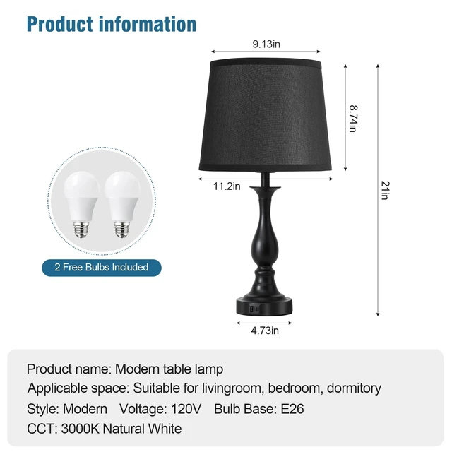 Alt view image 6 of 7 - Bedside Table Lamp Touch Control Bedroom Lamps with USB A + C Charging Port 3 Way Dimmable Touch Lamps for Nightstand Living Room Bedroom Dorm Home Office Reading, Set of 2 (Black Shade & Black Base)