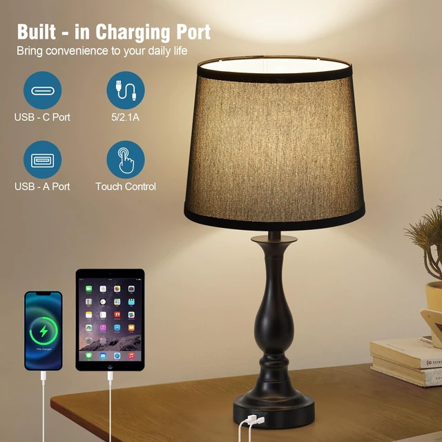 Alt view image 7 of 7 - Bedside Table Lamp Touch Control Bedroom Lamps with USB A + C Charging Port 3 Way Dimmable Touch Lamps for Nightstand Living Room Bedroom Dorm Home Office Reading, Set of 2 (Black Shade & Black Base)