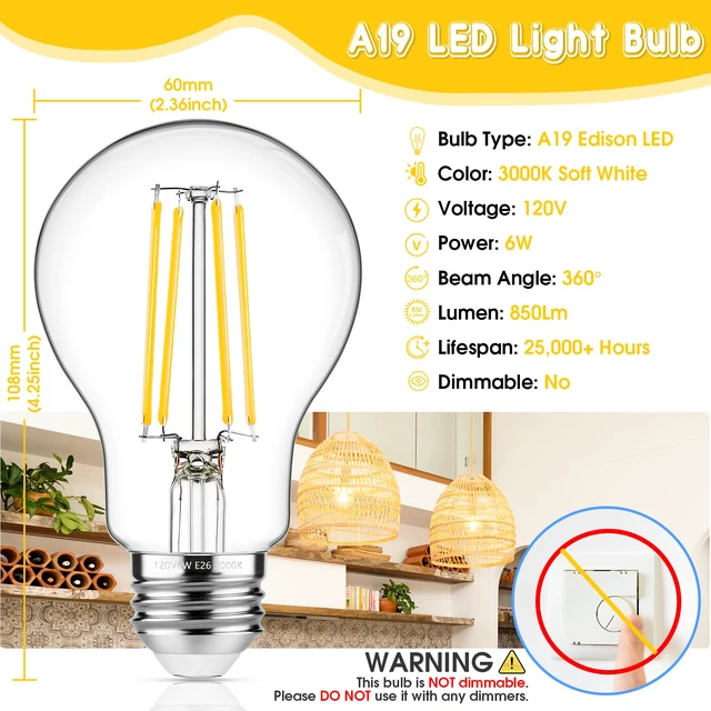 Alt view image 3 of 7 - 60W Equivalent E26 LED Filament Light Bulbs, 850LM Soft White 3000K Efficient 6W A19 Edison Bulb, Non-Dimmable Medium Base, 4-Pack