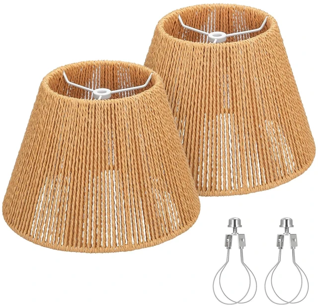 Main image of Small Rattan Lamp Shades Set of 2, Boho Lamp Shades for Table Lamps, 5.5" Top x 10" Bottom x 6.6" High, Wicker Lampshade Replacement for Bedroom, Hand Woven, Spider, Bulb Clip Adapters Included