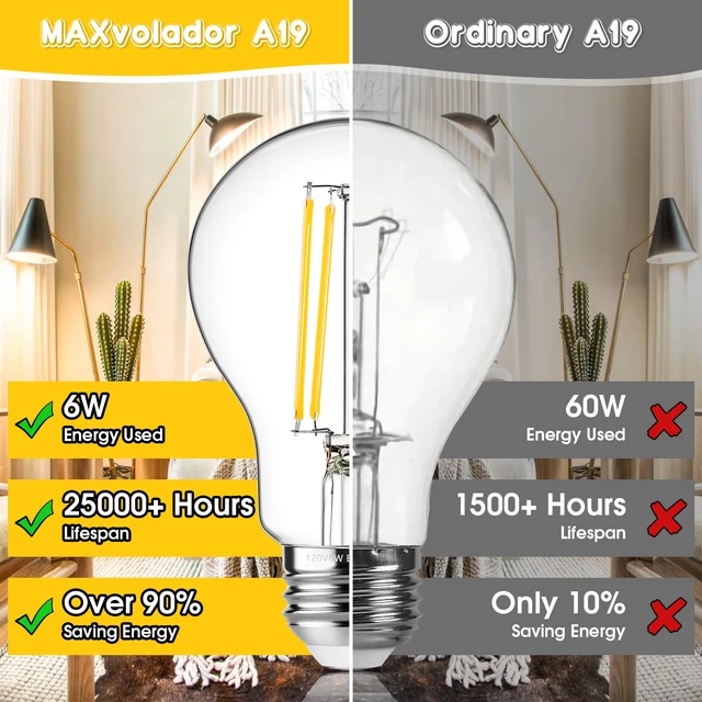 Alt view image 4 of 7 - 60W Equivalent E26 LED Filament Light Bulbs, 850LM Soft White 3000K Efficient 6W A19 Edison Bulb, Non-Dimmable Medium Base, 4-Pack